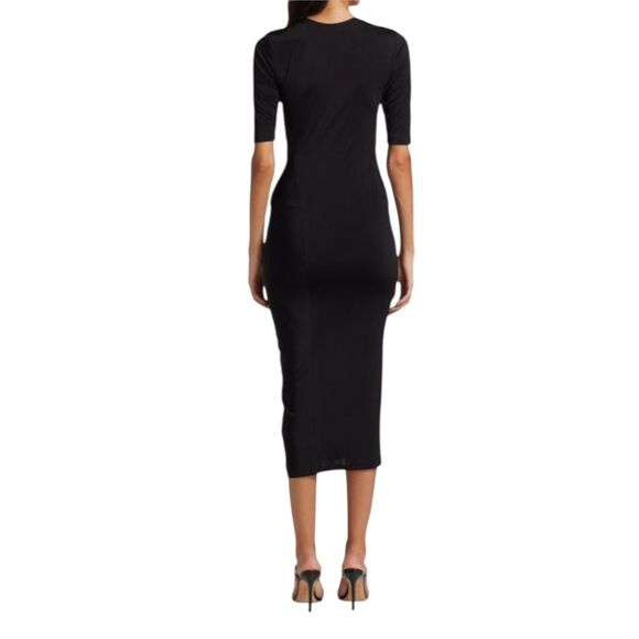 Wayf Black Stretch Satin Ruched Midi Bodycon Dress NWT - Picture 2 of 7